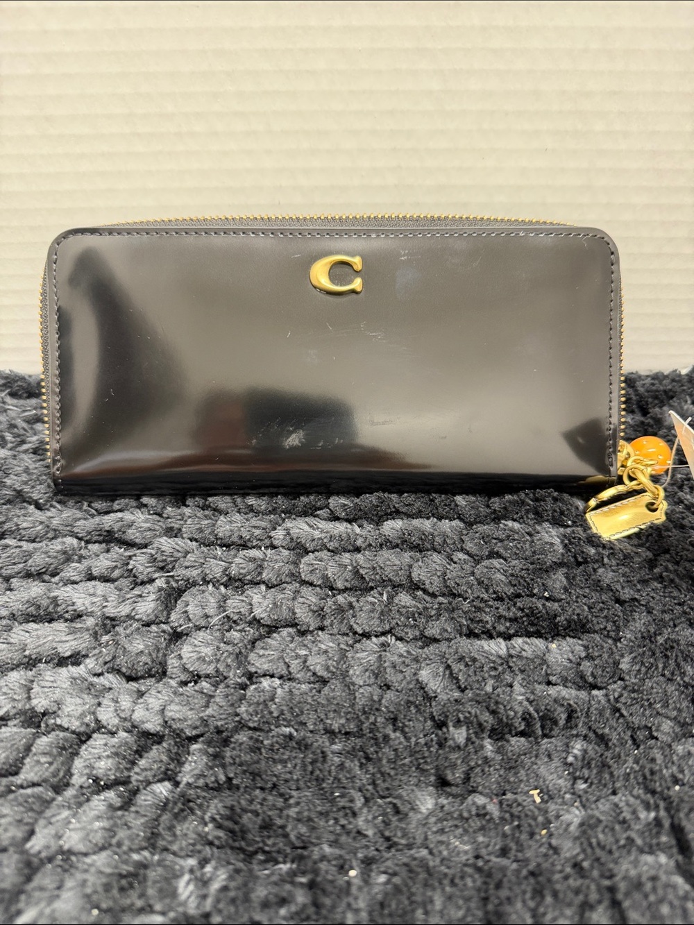Coach Black Patent Leather Zip Wallet with Gold Hardware